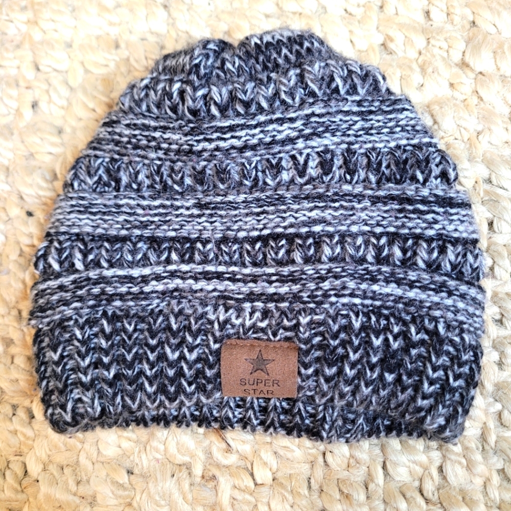 Super Star Baby Kid Beanie Black Gray White Heather Winter Stocking Hat